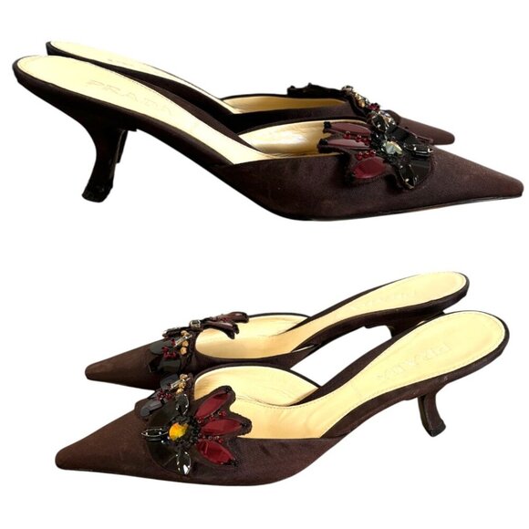 Y2K VINTAGE RARE PRADA JEWEL SEQUIN POINTED TOE MULE KITTEN HEELS SZ. 6.5/36.5 - Picture 4 of 7